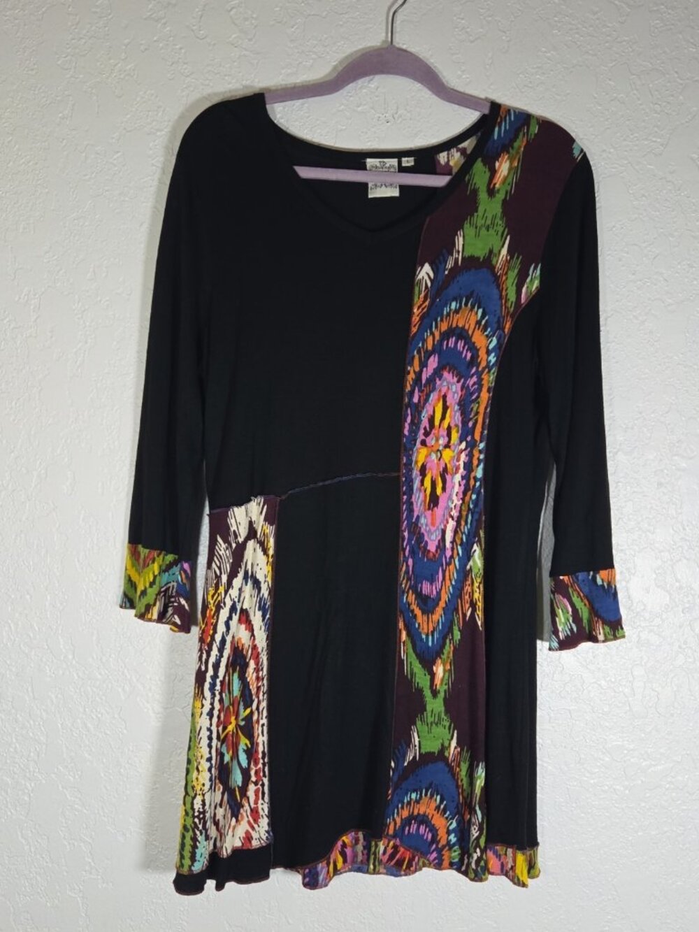 Parsley & Sage Womens Patchwork Tunic Top Large Black Multicolor 3/4 Sleeve